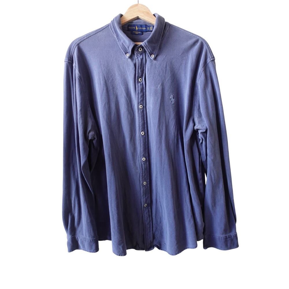 Ralph‎ Lauren Mens Featherweight Mesh Button Up Shirt XL Blue Cotton Long Sleeve